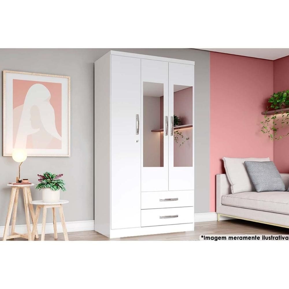 Guarda Roupa Solteiro 3 Portas e 2 Gavetas c/ Espelho Açaí DA133 Branco - Henn
