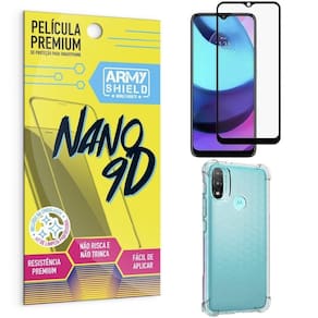 Capinha moto e20 + película premium nano 9d armyshield