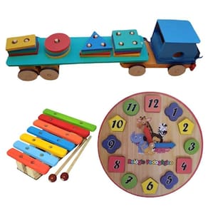 Kit brinquedo educativo madeira carreta + xilofone + relógio