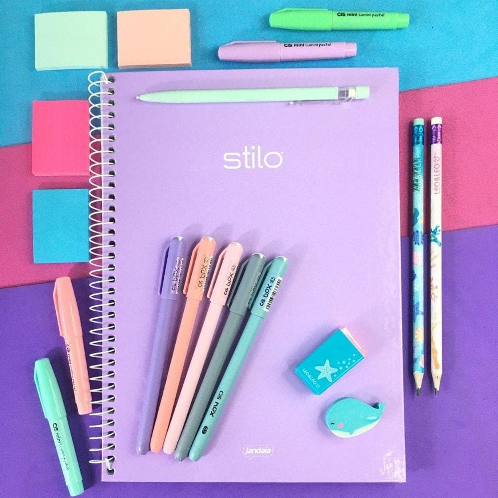Kit papelaria estudos tons pateis neon caderno canetas