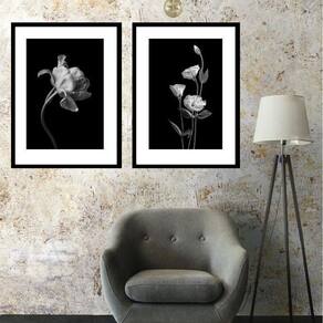 Kit 2 Quadros Flores Preto E Branco - 60X48Cm
