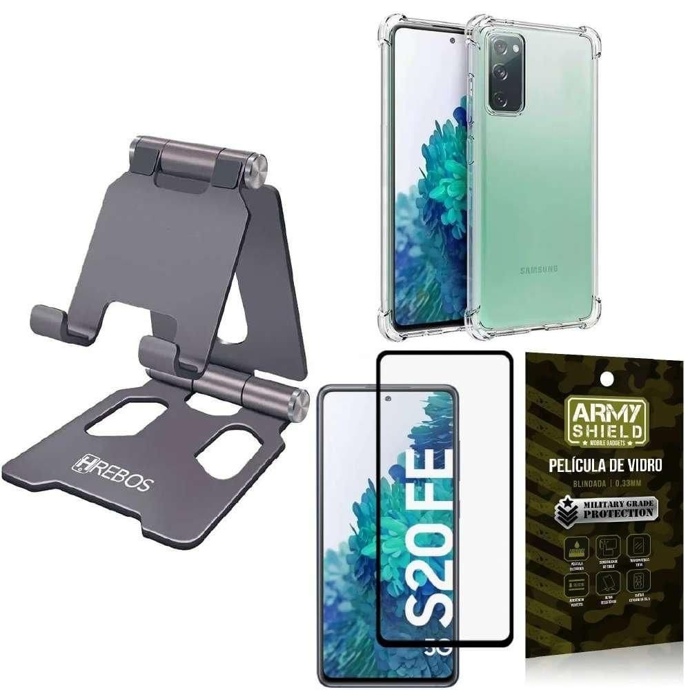 Kit suporte mesa hrebos + capinha antishock + película vidro 3d