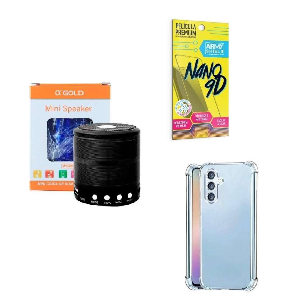 Capinha samsung a34 + caixa de som bluetooth + película 9d