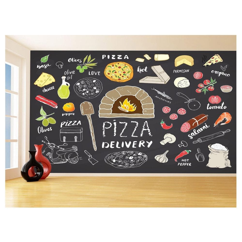 Papel De Parede Estilo Lousa Pizza Ingrediente 3,5M Lcb07