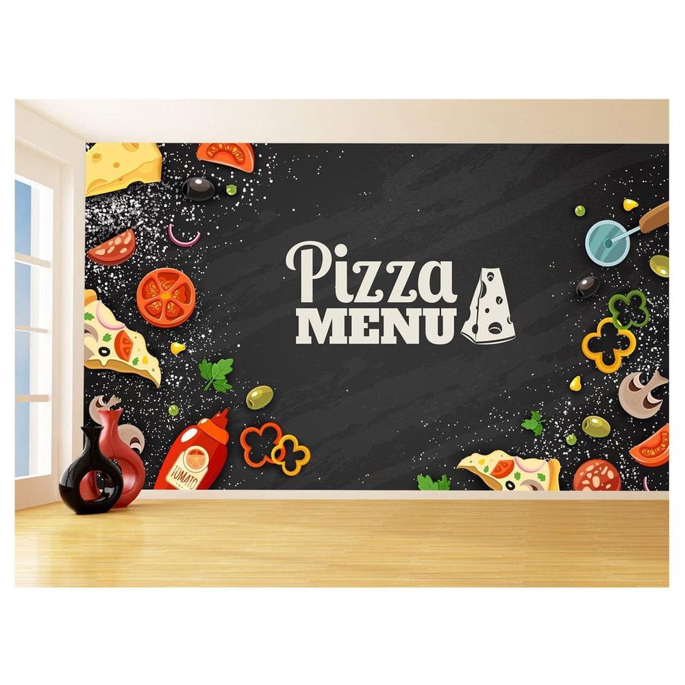 Papel De Parede Estilo Lousa Pizza Ingrediente 3,5M Lcb03