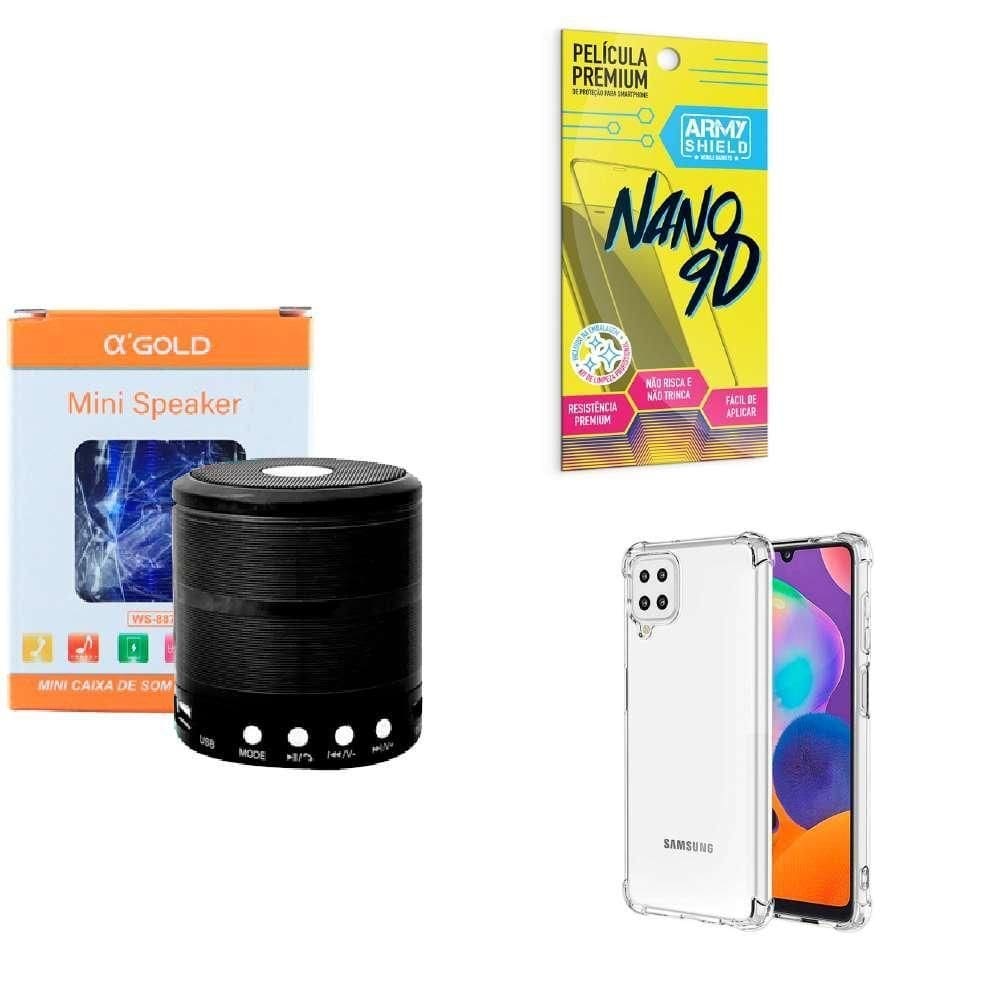 Kit caixa de som + capinha samsung a12 + película 9d