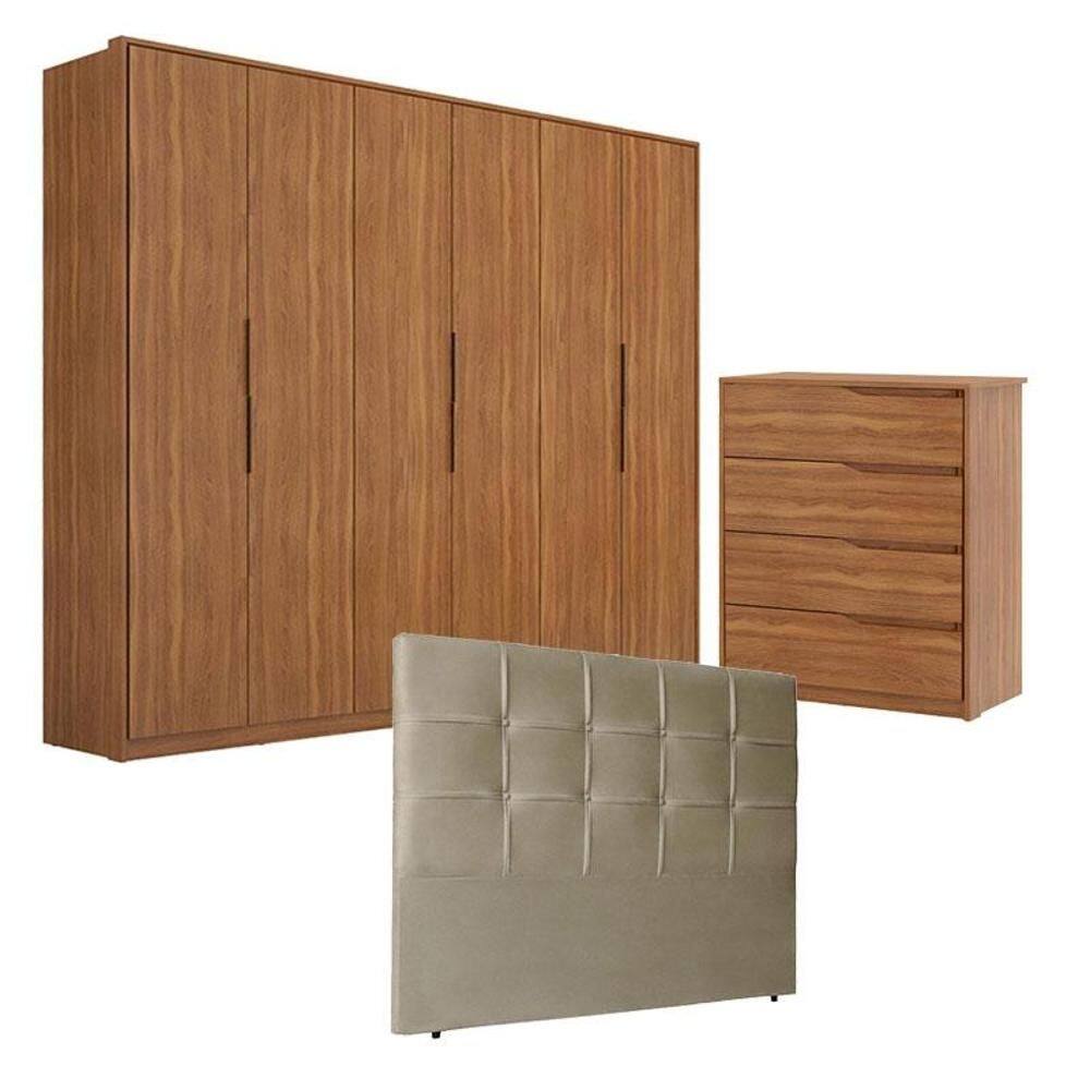 Guarda Roupa Atrice 6 Portas e Cômoda Atria Amêndola com Cabeceira Luiza 140 cm Taupe  –  Demartêz