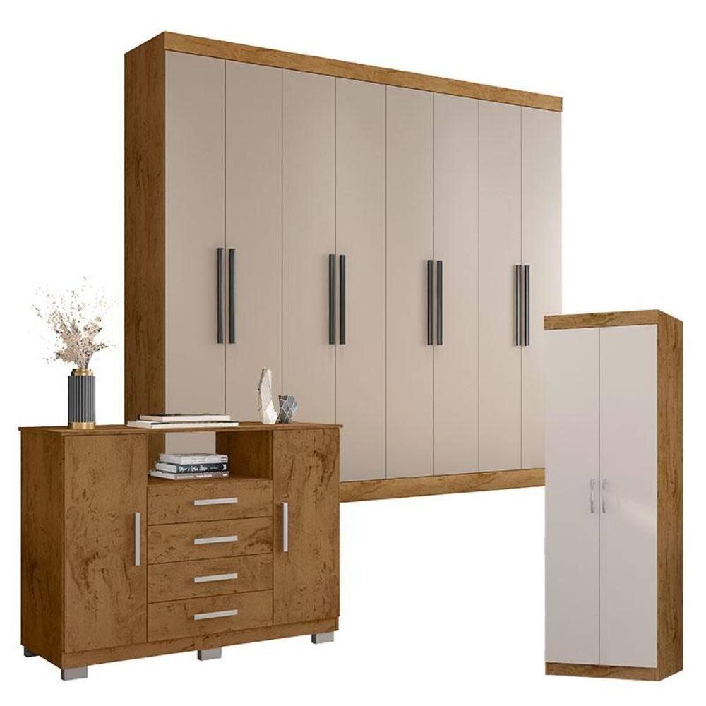 Guarda Roupa Casal Prime 1684 Cômoda 8020 e Multiuso 6020 Freijó Baunilha - Araplac