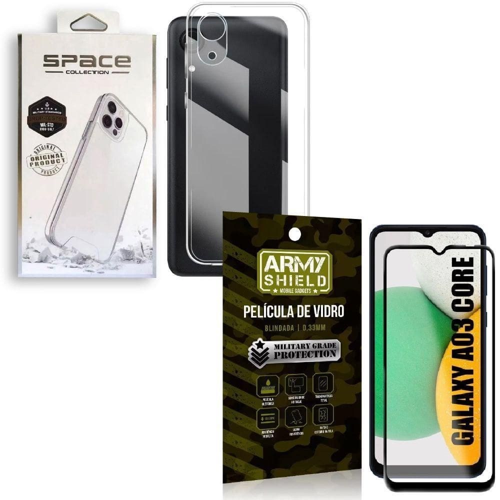Capa space collection a03 core + película 3d armyshield