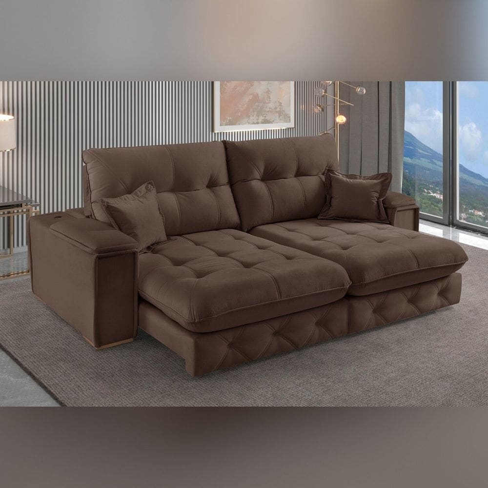 Sofá Retrátil Reclinável com Usb 210cm Istambul Yescasa Marrom Escuro