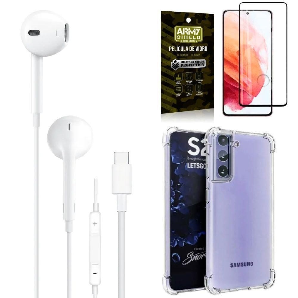 Capa samsung s21 plus + fone de ouvido tipo c + película 3d