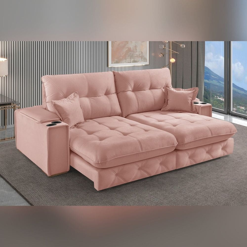 Sofá Retrátil Reclinável com Porta Copos e Usb 250cm Istambul Yescasa Nude