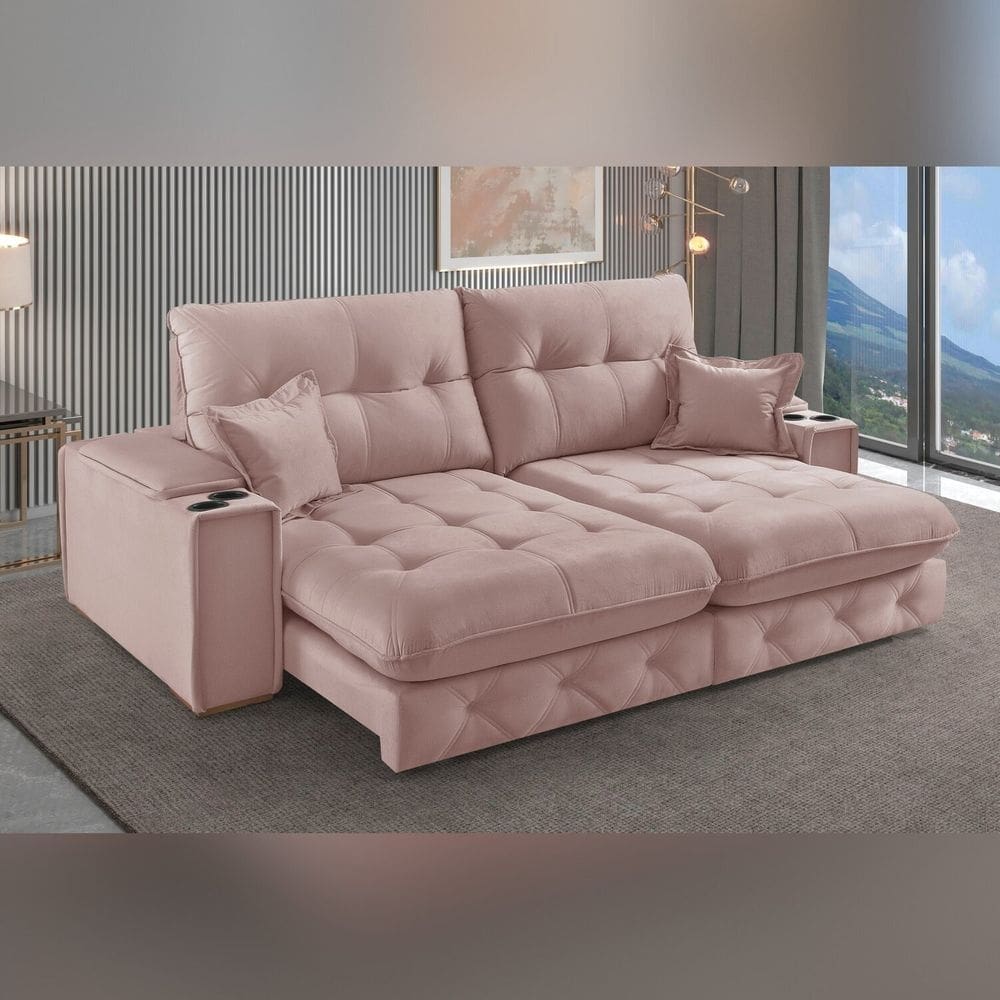 Sofá Retrátil Reclinável com Porta Copos e Usb 250cm Istambul Yescasa Rose
