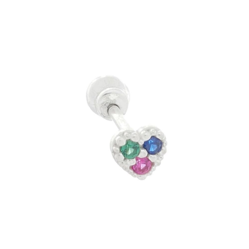 Piercing tragus reto coração zircônias coloridas - prata 925