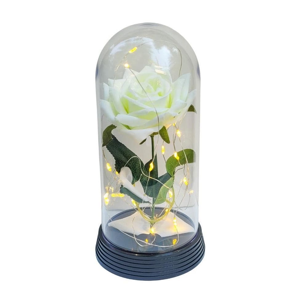 Luminária a rosa encantada branca 20 cm base preto quente