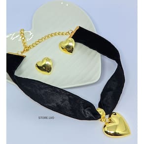 Kit Conjunto Colar Choker Veludo Grosso Preto + Conjunto Par de Brincos Coração Liso Grande Tendência Outono Inverno
