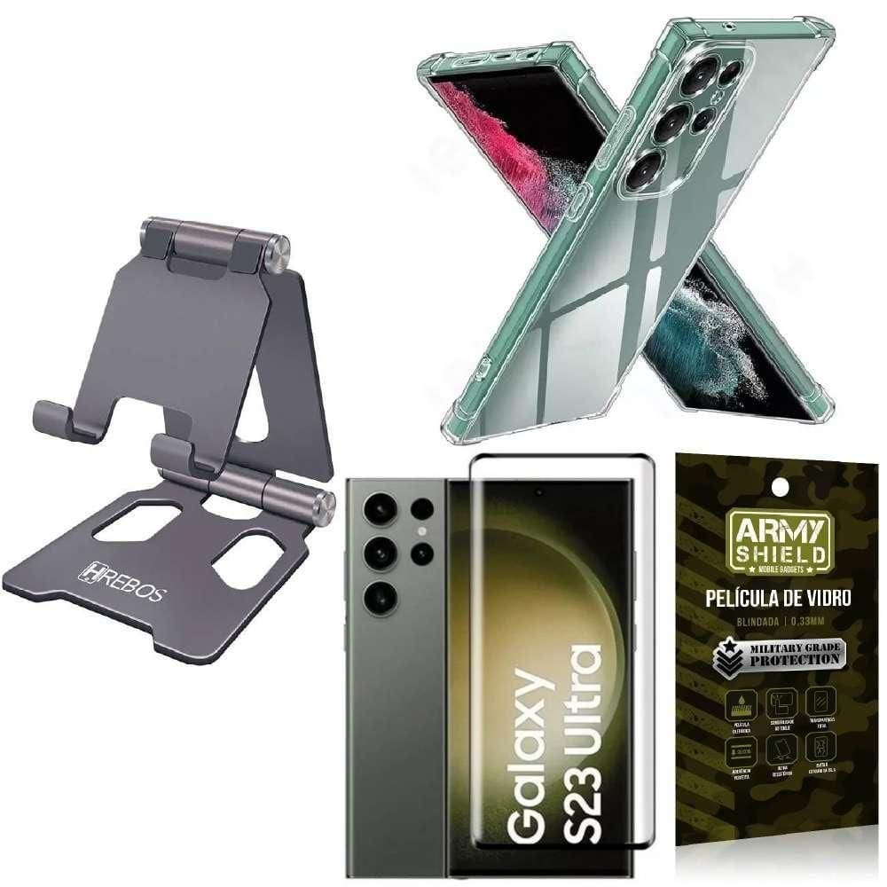 Kit suporte mesa + capinha antishock samsung m14 + película vidro 3d armyshield + suporte 360 - hrebos cinza