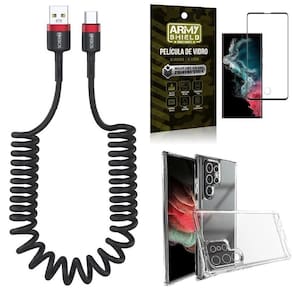 Kit capinha s22 ultra + cabo espiral tipo c + película 3d