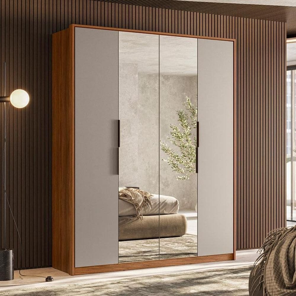 Guarda Roupa Casal Attore Ambiente 4 Portas Nogueira Nude Prime TX com Espelho Demóbile - Demartêz