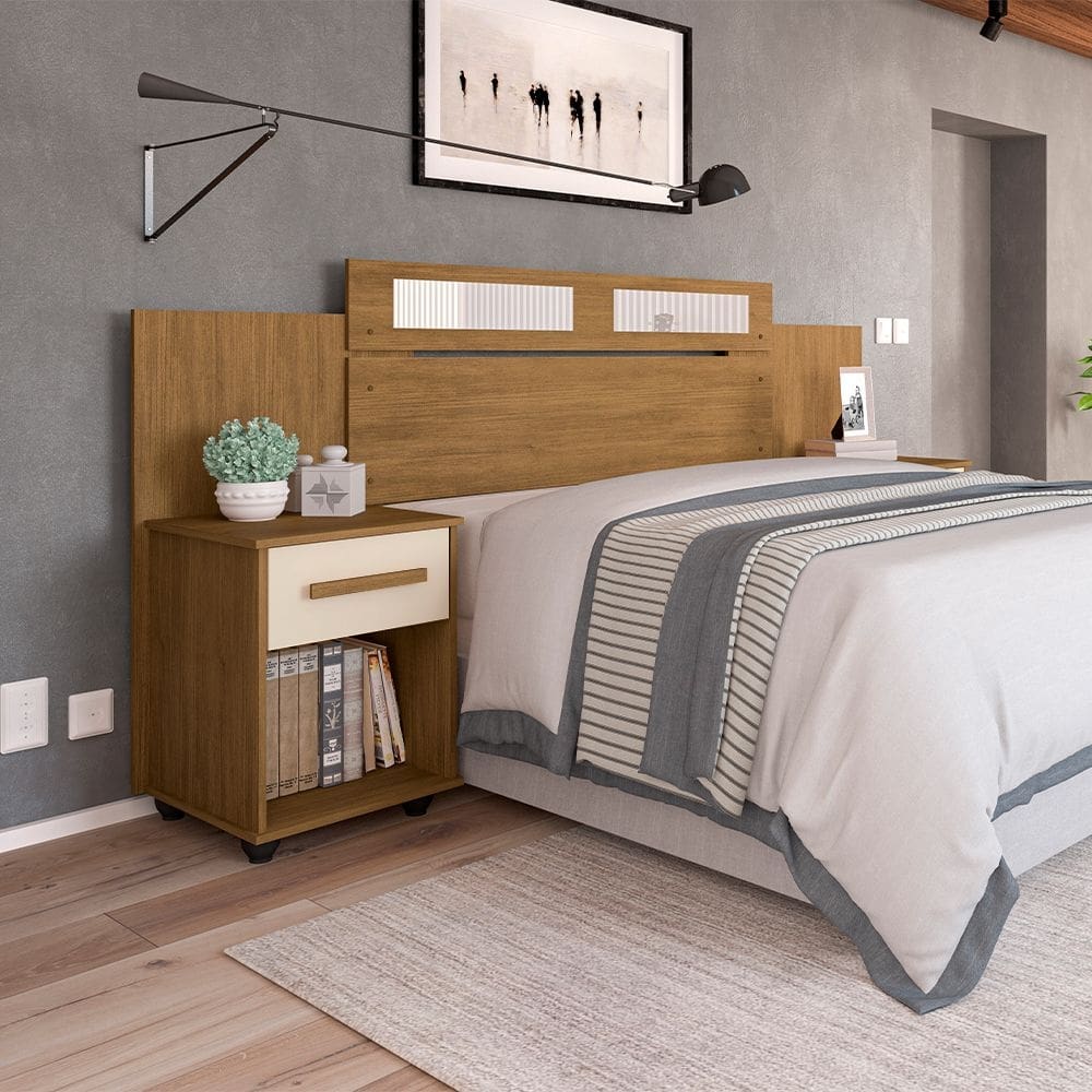 Cabeceira de Solteiro Casal Extensível Jade com 2 Mesas de Cabeceira - Amêndoa/off White