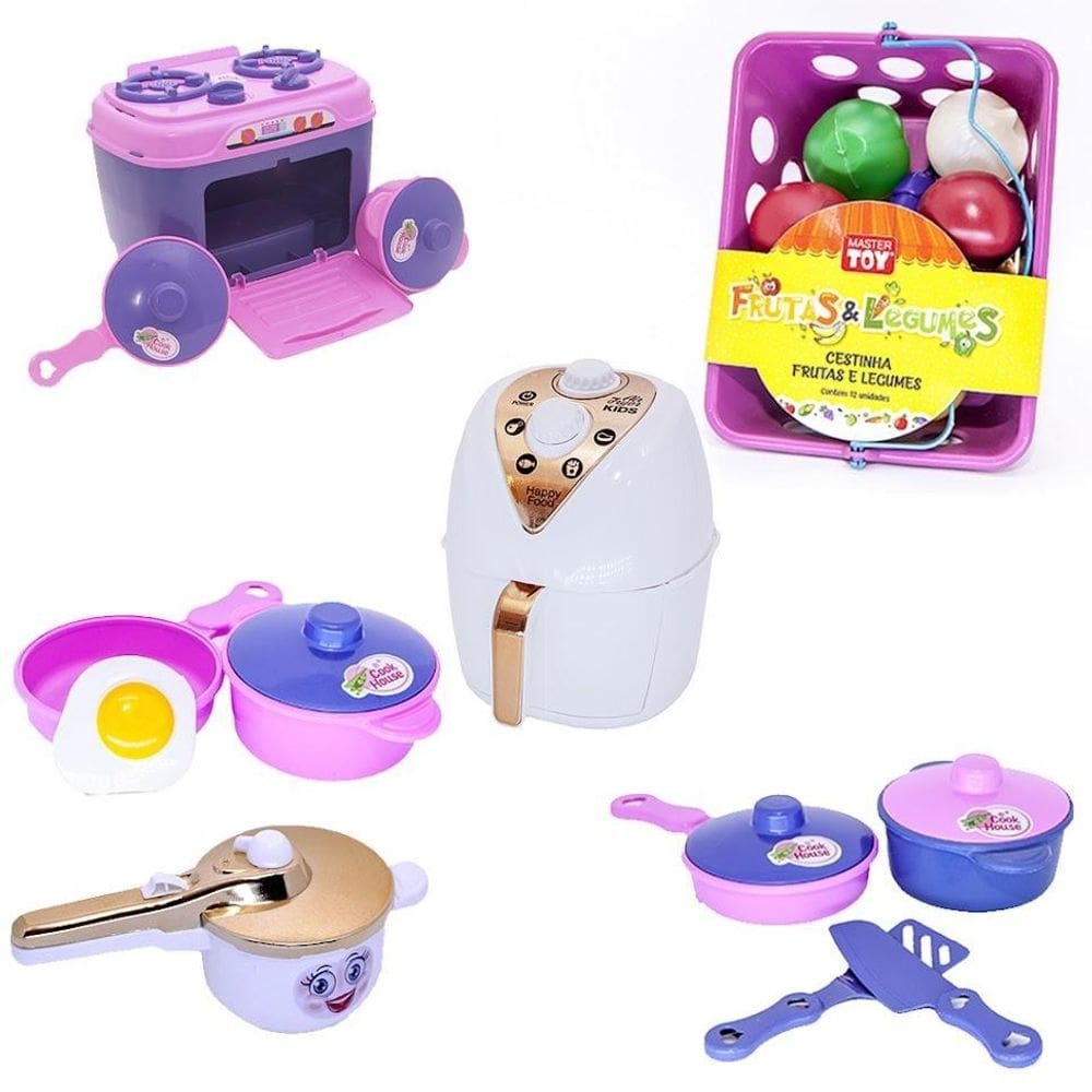 Kit menina infantil cozinha fogão panelas air fryer 25 peças