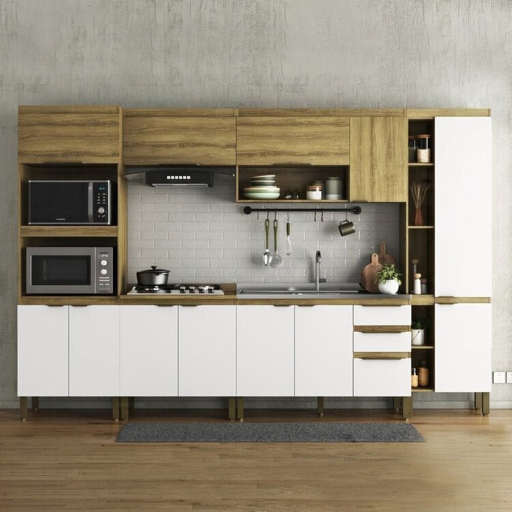 Cozinha Modulada 6 Peças 2 Aéreos 2 Balcões 1 Paneleiro e 1 Torre Quente Magnólia Mel/Branco