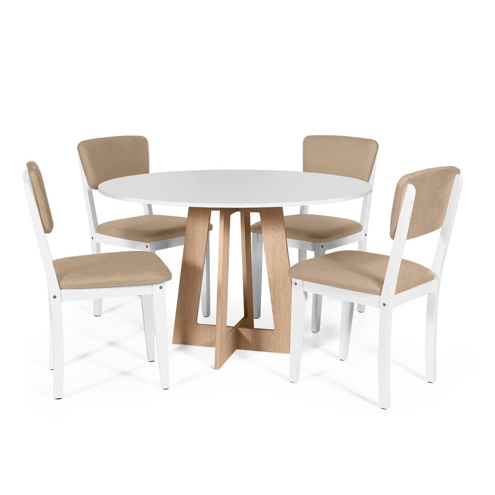 Mesa de Jantar Redonda Montreal Bran/Jade com 4 Cadeiras Estofadas Ella Branco/Bege