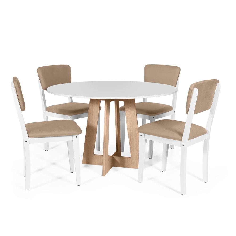 Mesa de Jantar Redonda Montreal Bran/Jade com 4 Cadeiras Estofadas Ella Branco/Marrom Claro