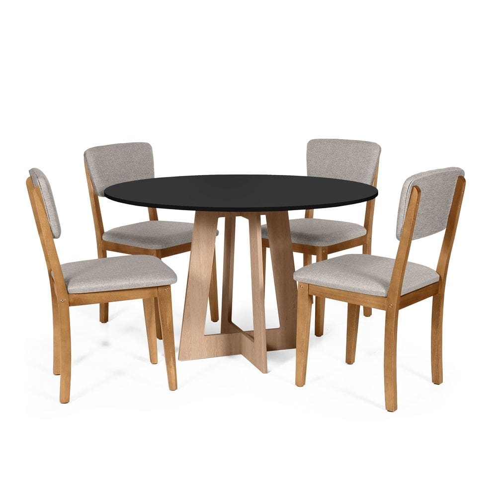 Mesa de Jantar Redonda Montreal Pret/Jade com 4 Cadeiras Estofadas Ella Cinza Claro