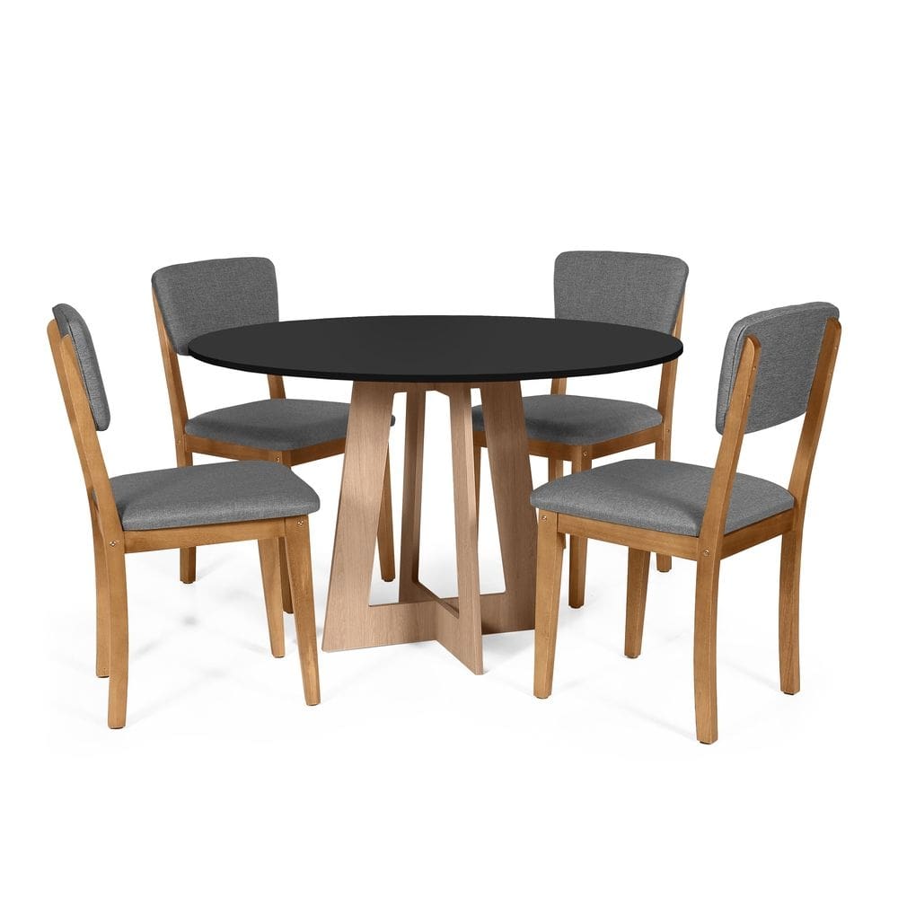 Mesa de Jantar Redonda Montreal Pret/Jade com 4 Cadeiras Estofadas Ella Cinza Escuro