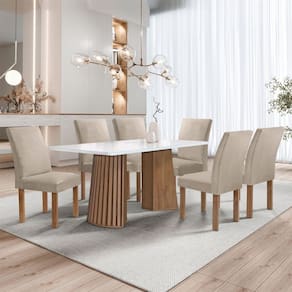 Mesa de Jantar 6 Lugares Stella Canela com Vidro Ripado Chocolate/Off White/Boucle Bege - Cel Móveis