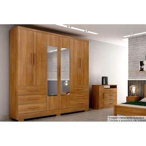 Guarda Roupa Solteiro 6 Portas e 6 Gavetas c/Espelho e Pés Encant/Berlim Cumaru - Novo Horizonte