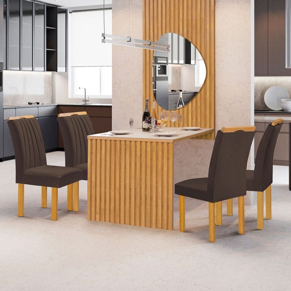 Mesa de Jantar 4 Lugares Bella Arizona com Vidro e Espelho Ripado Cinamomo/Off White/Marrom - Cel Móveis
