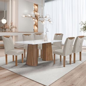 Mesa de Jantar 6 Lugares Stella com Vidro Ripado Chocolate/Off White/Bege Claro - Cel Móveis