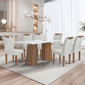 Mesa de Jantar 6 Lugares Stella com Vidro Ripado Chocolate/Off White/Boucle Gelo - Cel Móveis