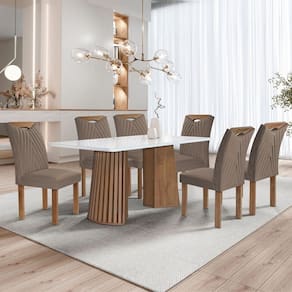Mesa de Jantar 6 Lugares Stella com Vidro Ripado Chocolate/Off White/Bege Escuro - Cel Móveis