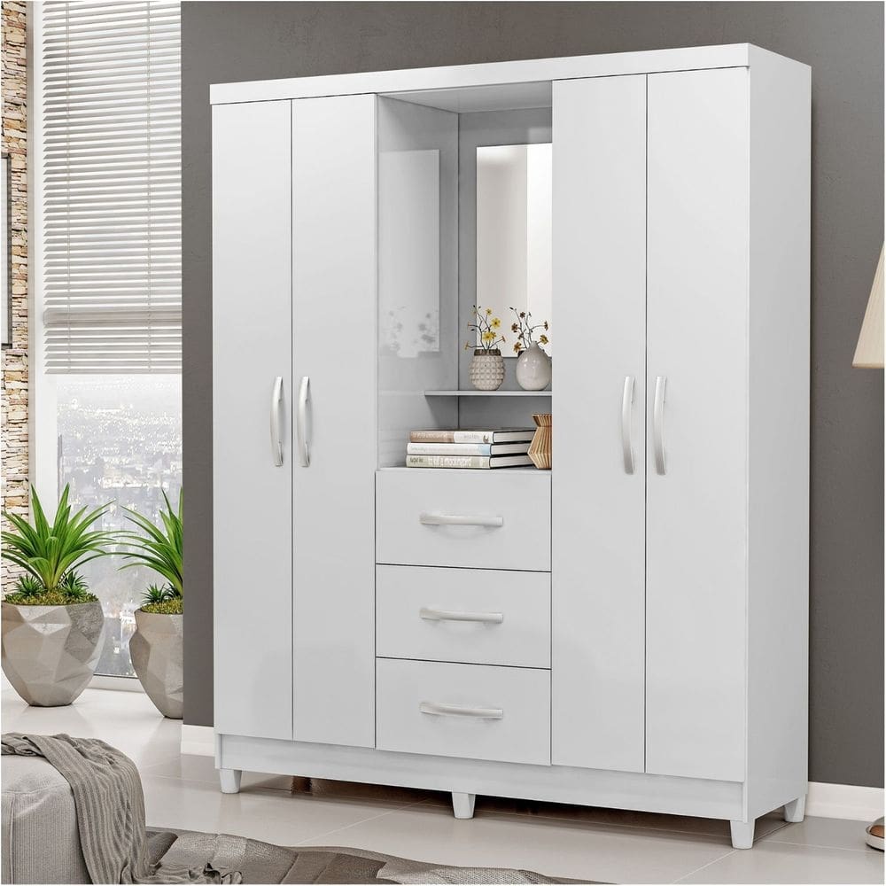 Guarda Roupa Casal 4 Portas 3 Gavetas Espelho Branco Megasul