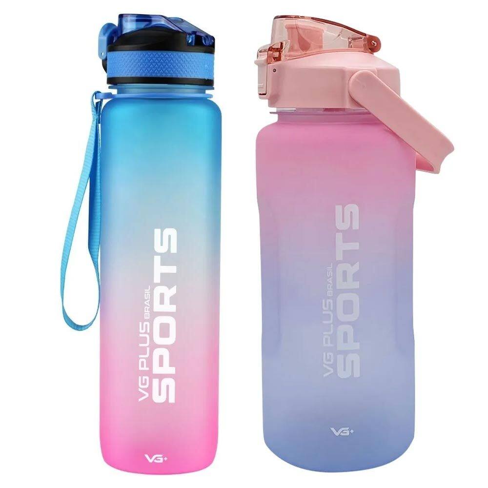 Kit 2 Garrafinha Squeeze Plástico 2l + 1l Academia Vg+ Azul/rosa