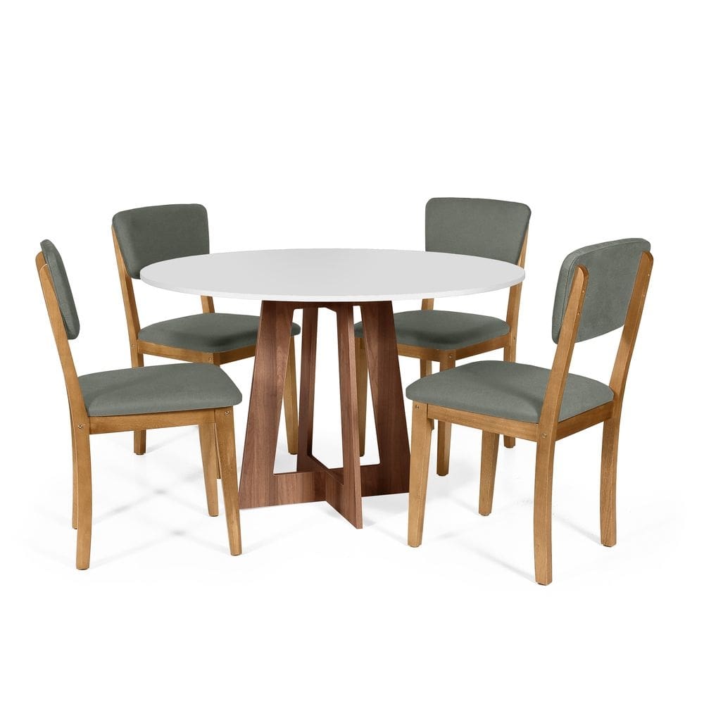 Mesa de Jantar Redonda Montreal Bran/Nor com 4 Cadeiras Estofadas Ella Cinza