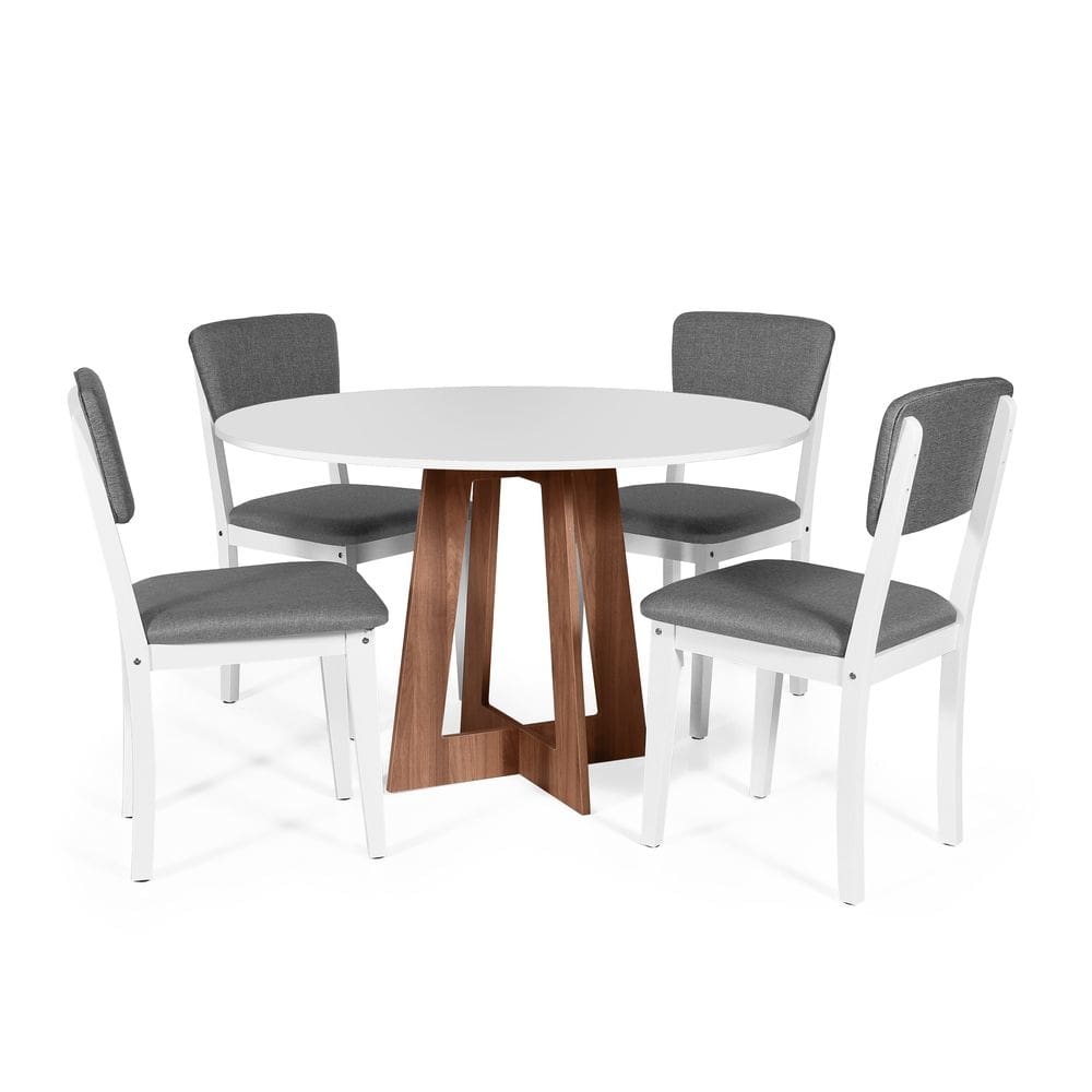 Mesa de Jantar Redonda Montreal Bran/Nor com 4 Cadeiras Estofadas Ella Branco/Cinza Escuro