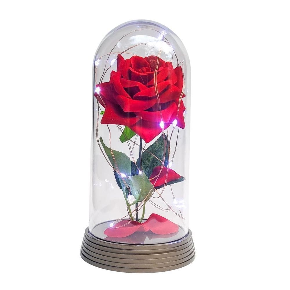Luminária a rosa encantada vermelha 20 cm base ouro frio