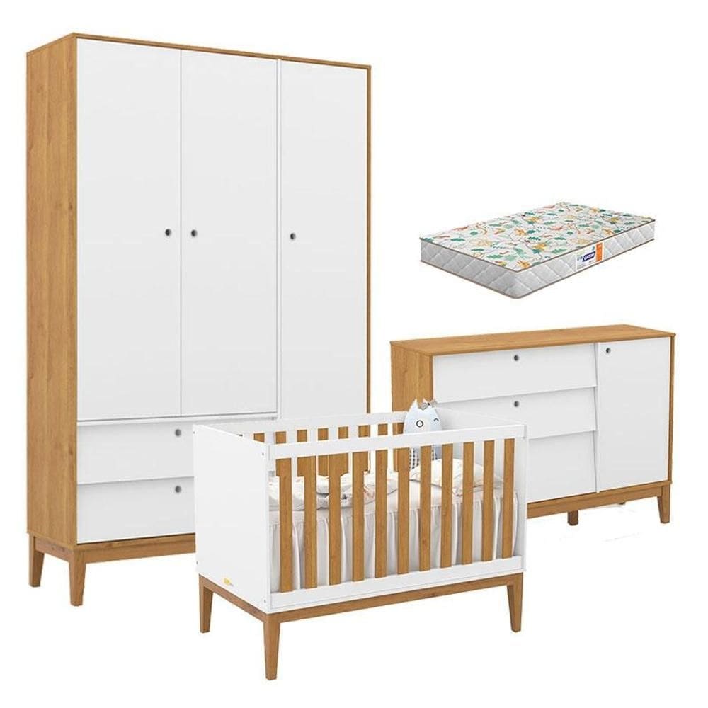 Quarto de Bebe Unique 3 Portas com Cômoda Sapateira Branco Soft Freijó Eco Wood e Colchão Gazin - Matic