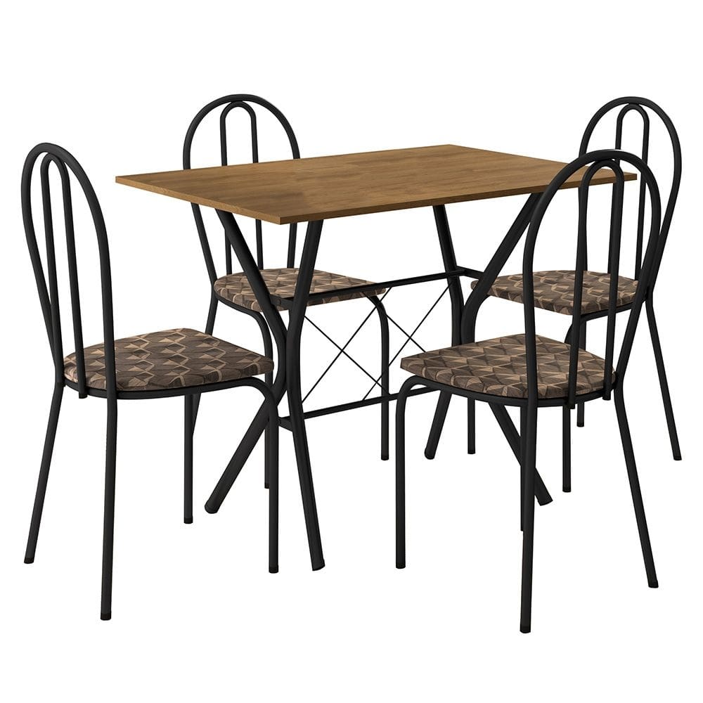 Kit Mesa de Jantar Jade 91 cm Nature com 04 Cadeiras Texas Palha Ferro Preto - Pallazio