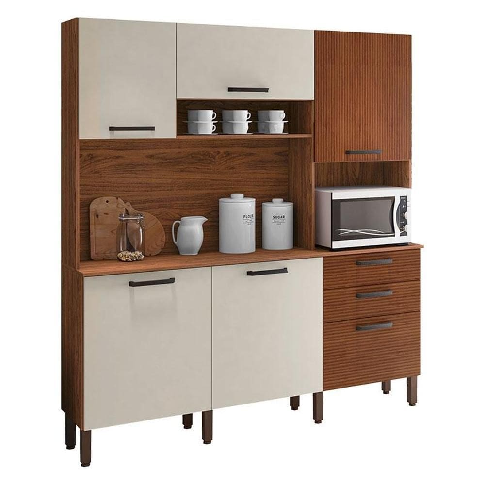 Cozinha Ferrara 6 Portas e 2 Gavetas Nogueira Off White Ripado - Kits Paraná