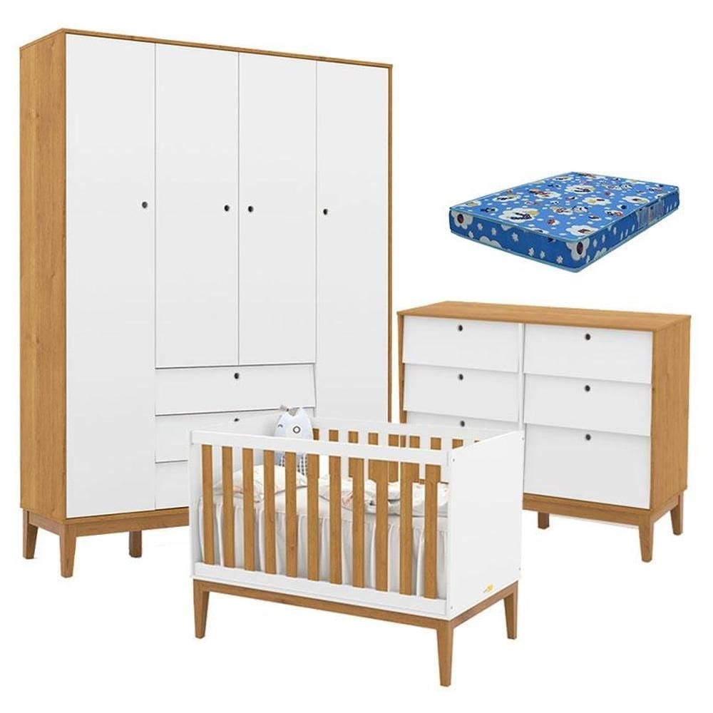 Quarto de Bebe Unique 4 Portas com Cômoda 6 Gavetas Branco Soft Freijó Eco Wood e Colchão Ortobom - Matic