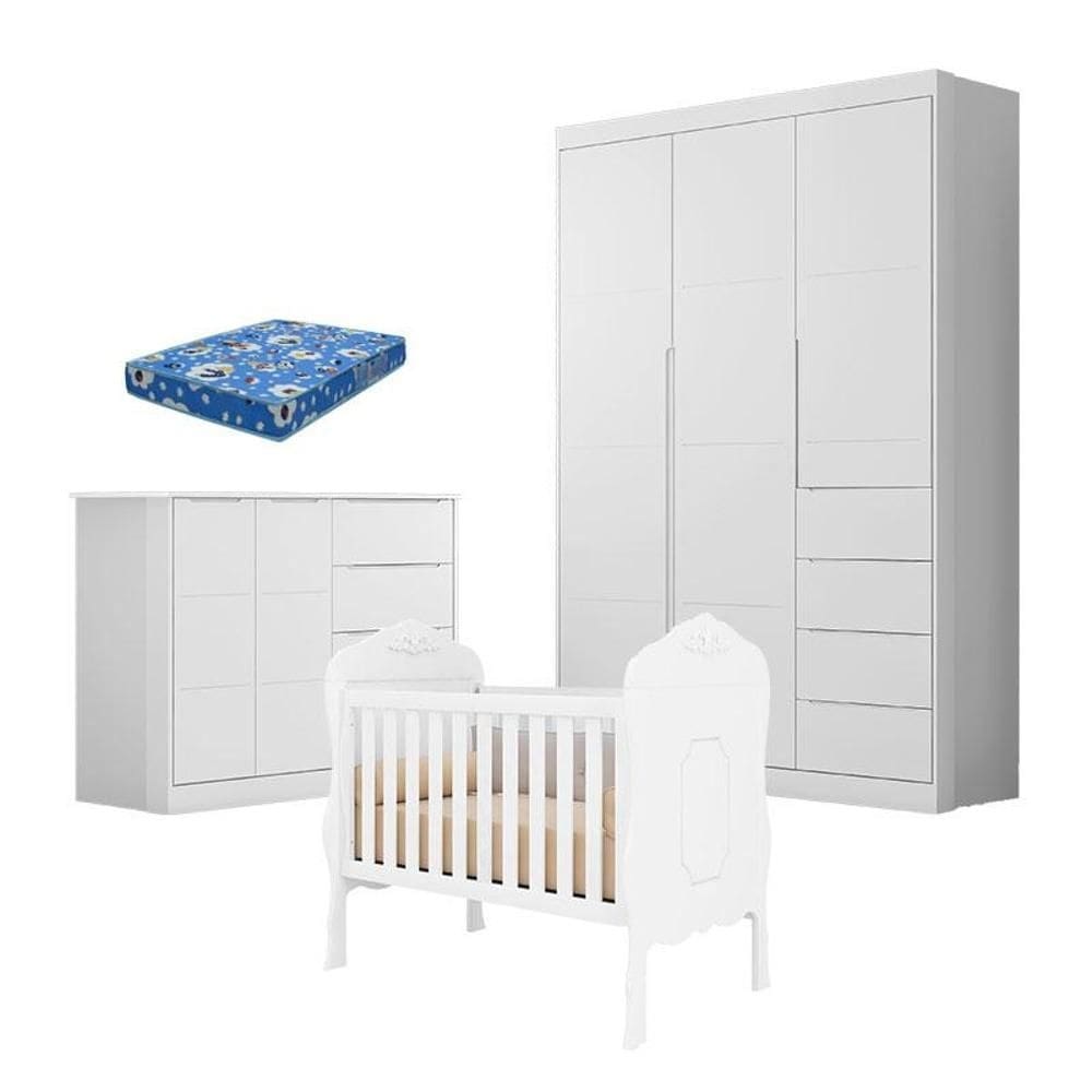 Quarto de Bebê Eloá com Berço Americano Realeza Branco Acetinado com Colchão Ortobom - Phoenix Baby