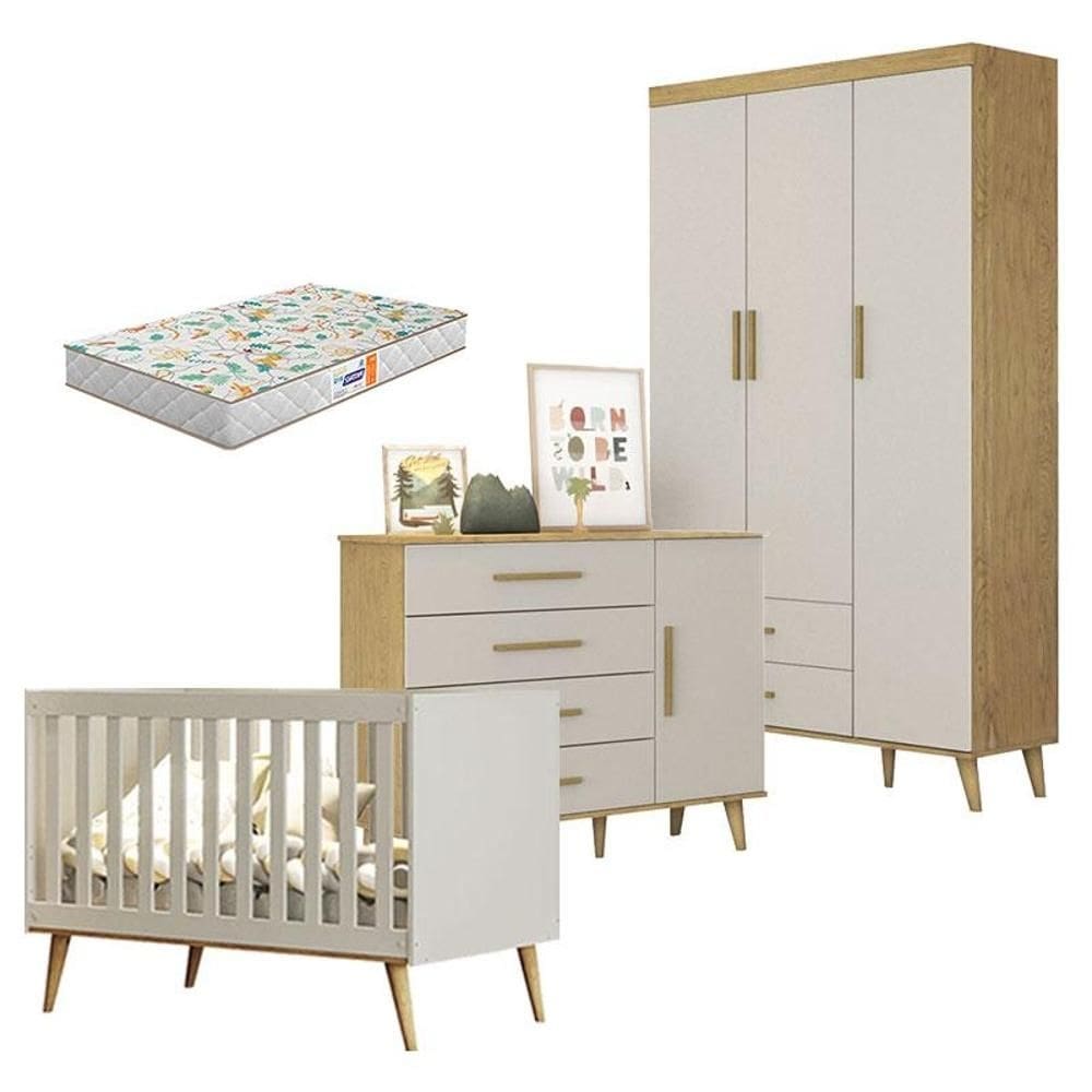 Quarto de Bebê Ludmila Off White Bétula com Colchão Gazin - Carolina Baby