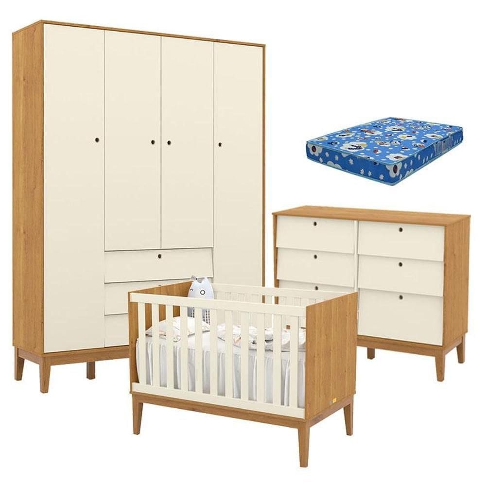 Quarto de Bebe Unique 4 Portas com Cômoda 6 Gavetas Freijó Off White Eco Wood e Colchão Ortobom - Matic