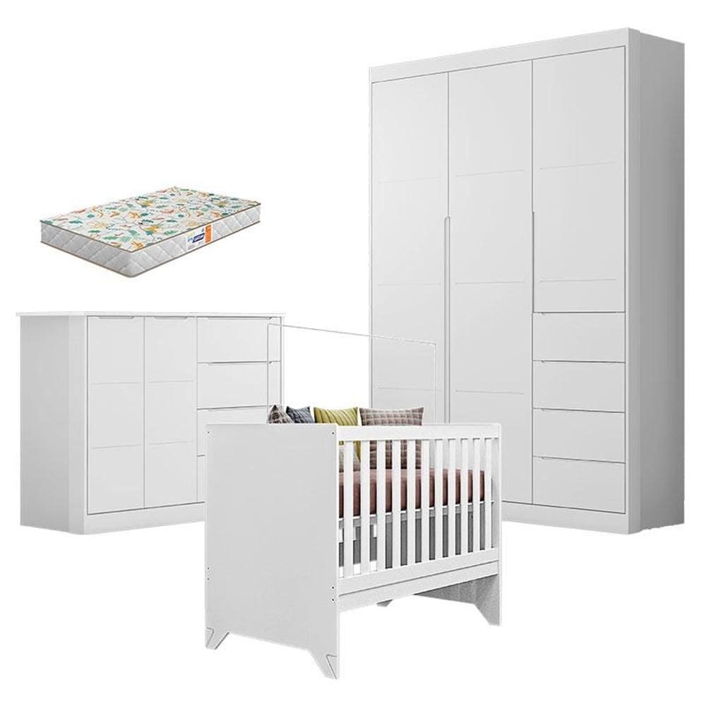 Quarto de Bebê Eloá com Berço Americano Retro Maya Branco Acetinado com Colchão Gazin – Phoenix Baby