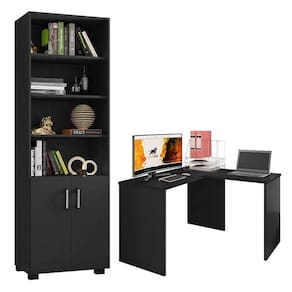 Mesa para Computador Gávea com Extensora e Livreiro Office com Portas Pequenas Preto Trama - Móveis Leão